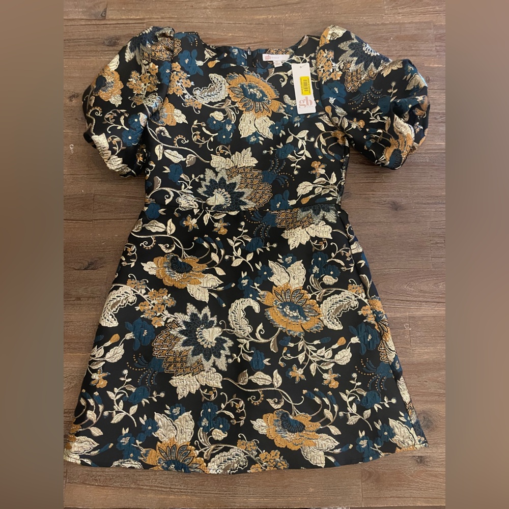 NWT GB Girls Floral Puff Sleeve Dress - Black, Gold, Blue